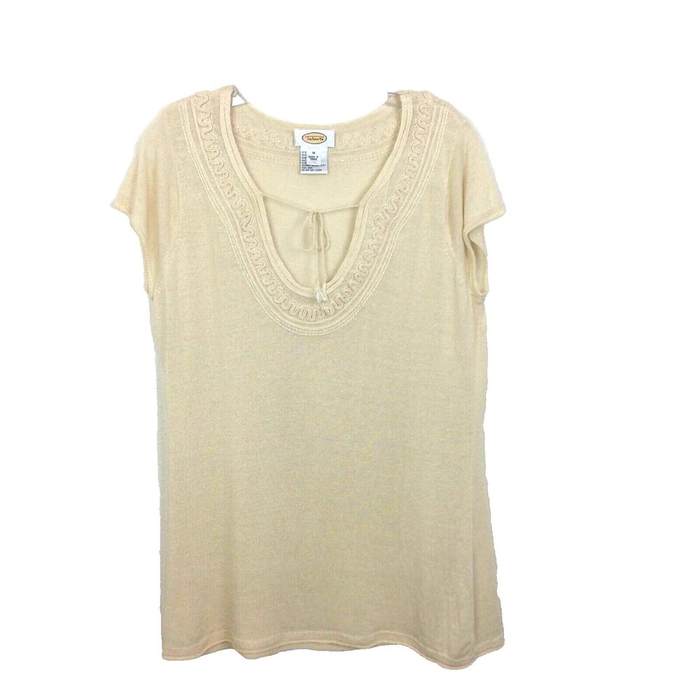 Talbots Women's Short Sleeve V-Neck Sweater Size M Linen Blend Wheat Tan